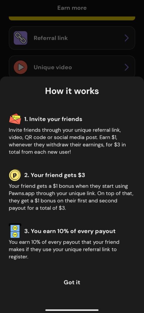 Dettagli del programma di referral pawns.app