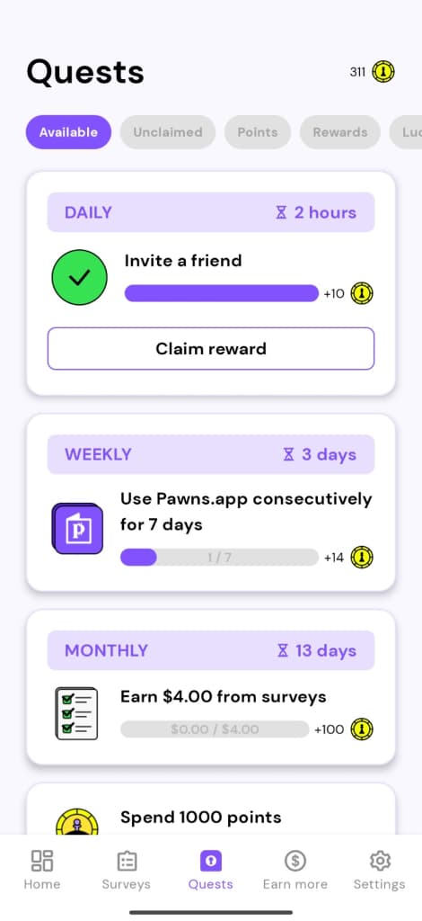 pawns.app Quests
