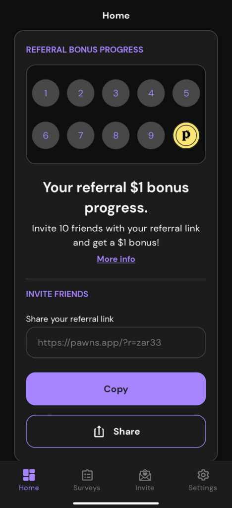 pawns.app interface - referral bonus progress